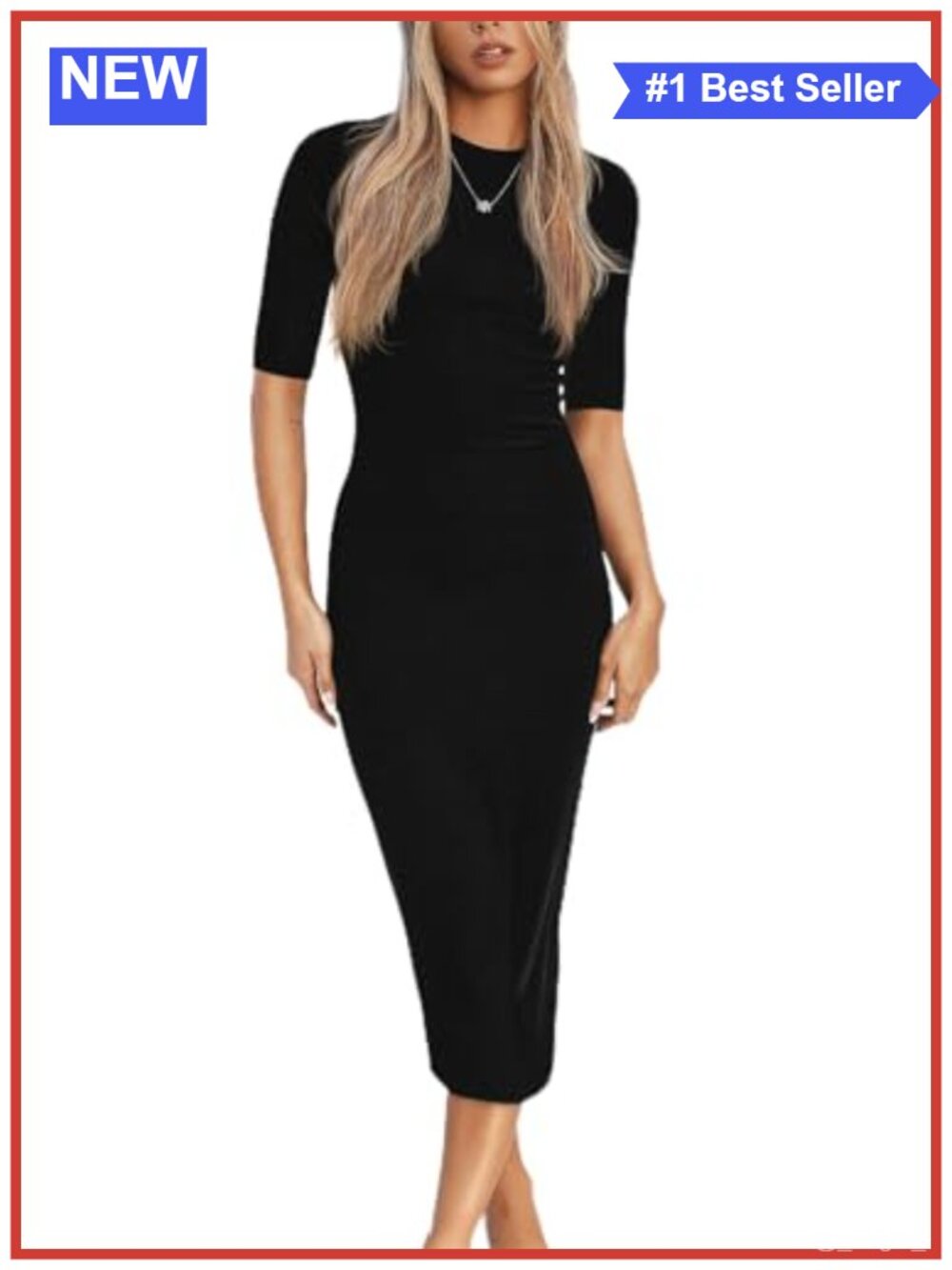 Women's Midi Bodycon Dress 3/4 Sleeve Ruched Fitted Casual Work Dress